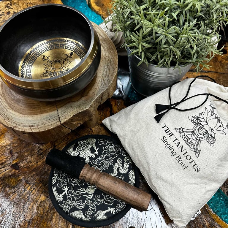 14cm Handcrafted Engraved Singing Bowl Set (Lotus Flower) - Premium Quality