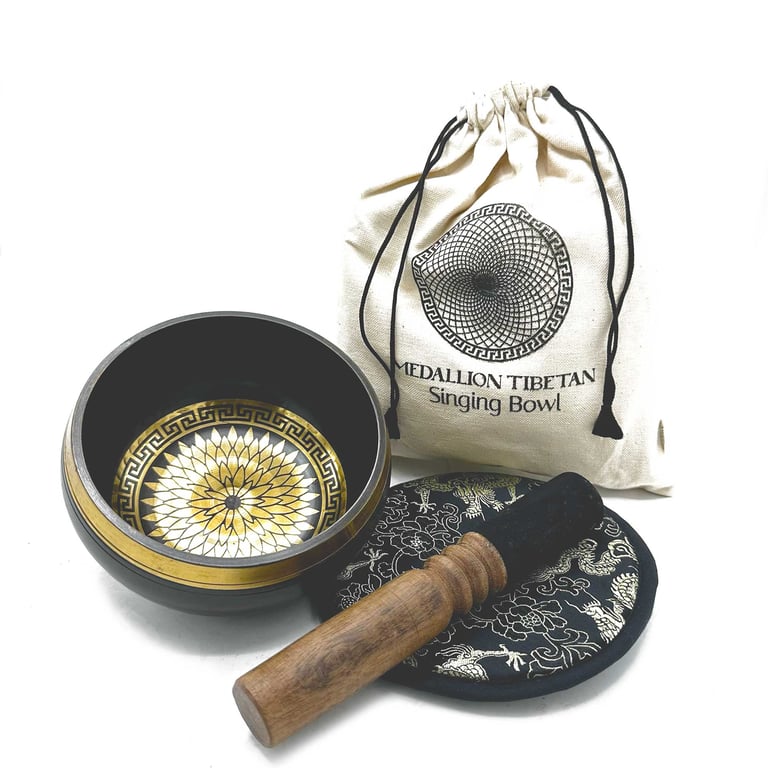 14cm Engraved Singing Bowl Gift Set - Hand Beaten Medallions - Premium Quality