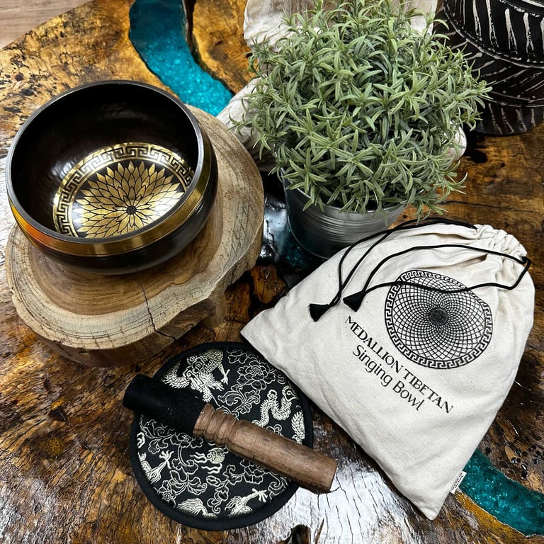 14cm Engraved Singing Bowl Gift Set - Hand Beaten Medallions - Premium Quality