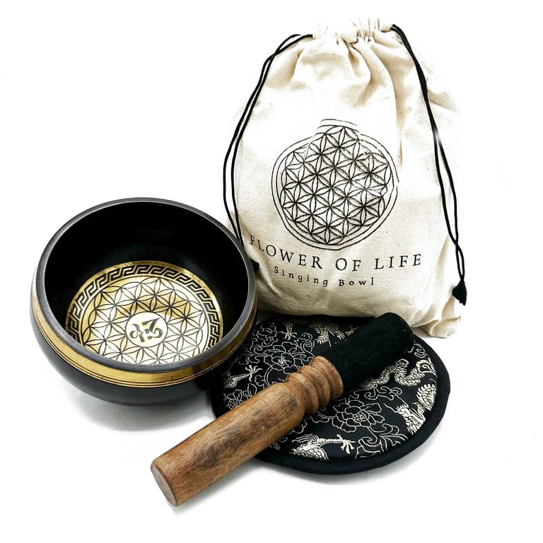 14cm Flower of Life Engraved Singing Bowl Gift Set (Hand Beaten)