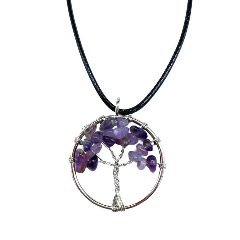 Tree of Life Amethyst Spiritual Pendant - English Silver Healing Gemstone Necklace