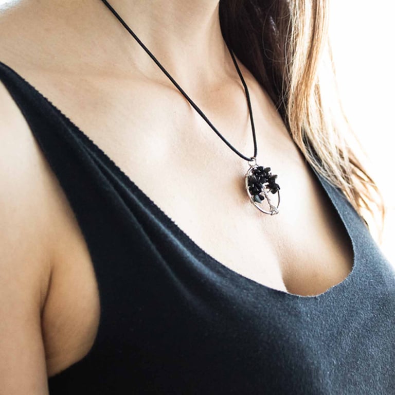 Tree of Life Pendant - Black Agate Necklace with Natural Stone Jewelry Charm