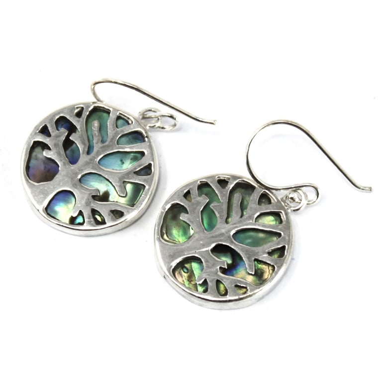 15mm Abalone Tree of Life Silver Earrings - Handcrafted