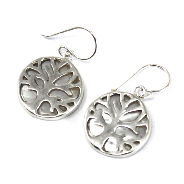 15mm Silver Mother of Pearl Tree of Life Earrings