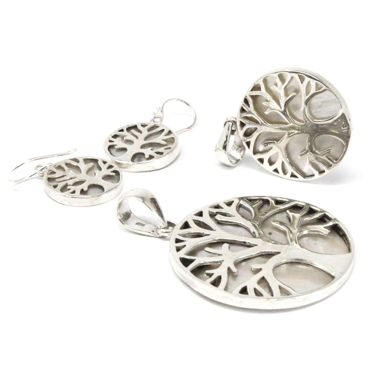 15mm Silver Mother of Pearl Tree of Life Earrings