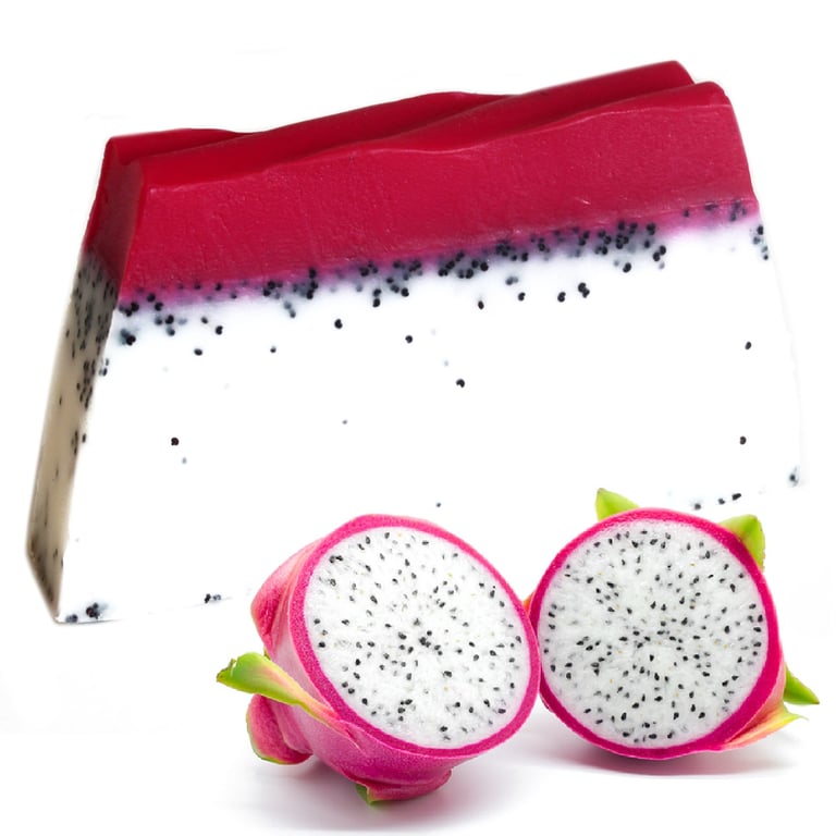 Tropical soap loaf scented with dragon fruit, showcasing a tropical paradise theme.