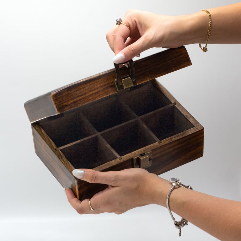 6-Compartment Mango Carved Tea Box - Handcrafted for Organized Brewing