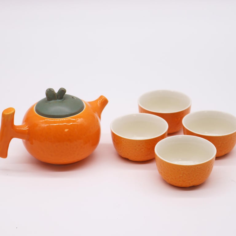 Herbal Orange Teapot Set - Pot & 4 Cups with Infuser for Perfect Tea Brewing Experience