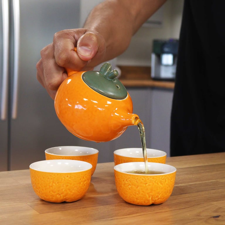 Herbal Orange Teapot Set - Pot & 4 Cups with Infuser for Perfect Tea Brewing Experience