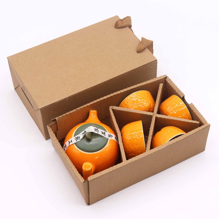 Herbal Orange Teapot Set - Pot & 4 Cups with Infuser for Perfect Tea Brewing Experience