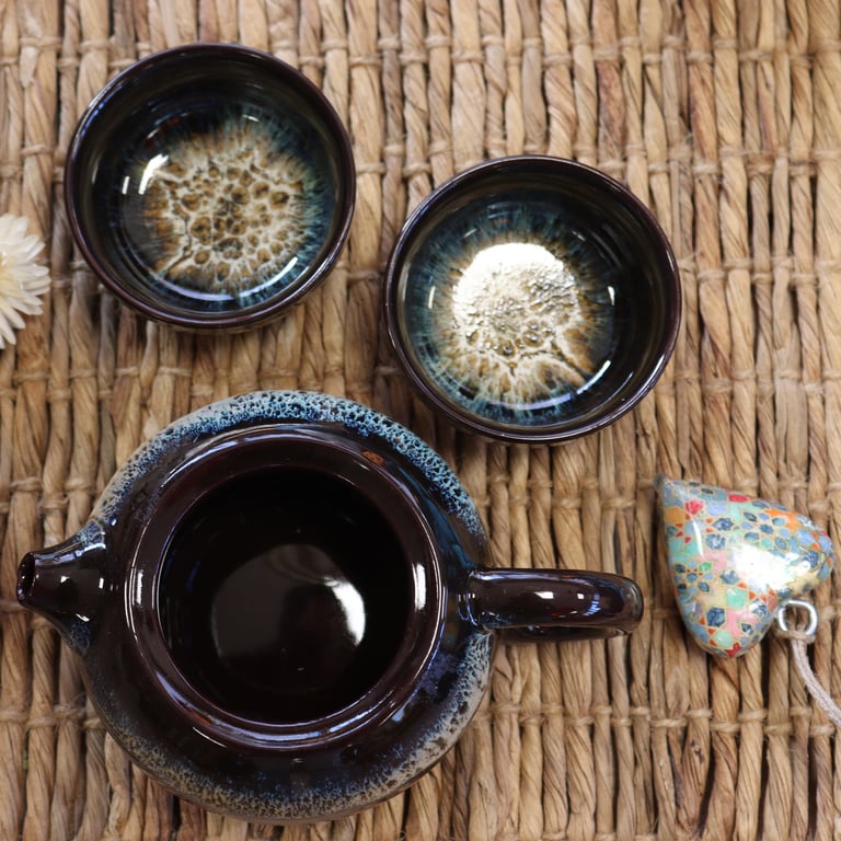 Herbal Black Glaze Teapot Set - Pot & Two Cups for Chinese Tea Brewing