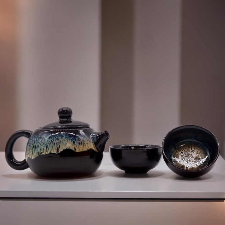 Herbal Black Glaze Teapot Set - Pot & Two Cups for Chinese Tea Brewing