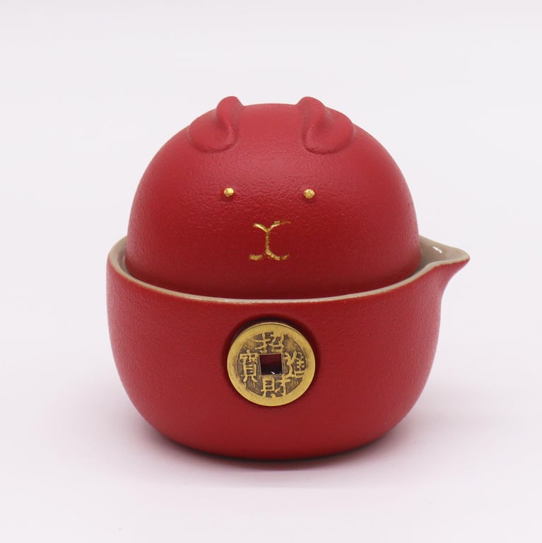 Travel Red Teapot Set (2 Cups) - Money Cat Design