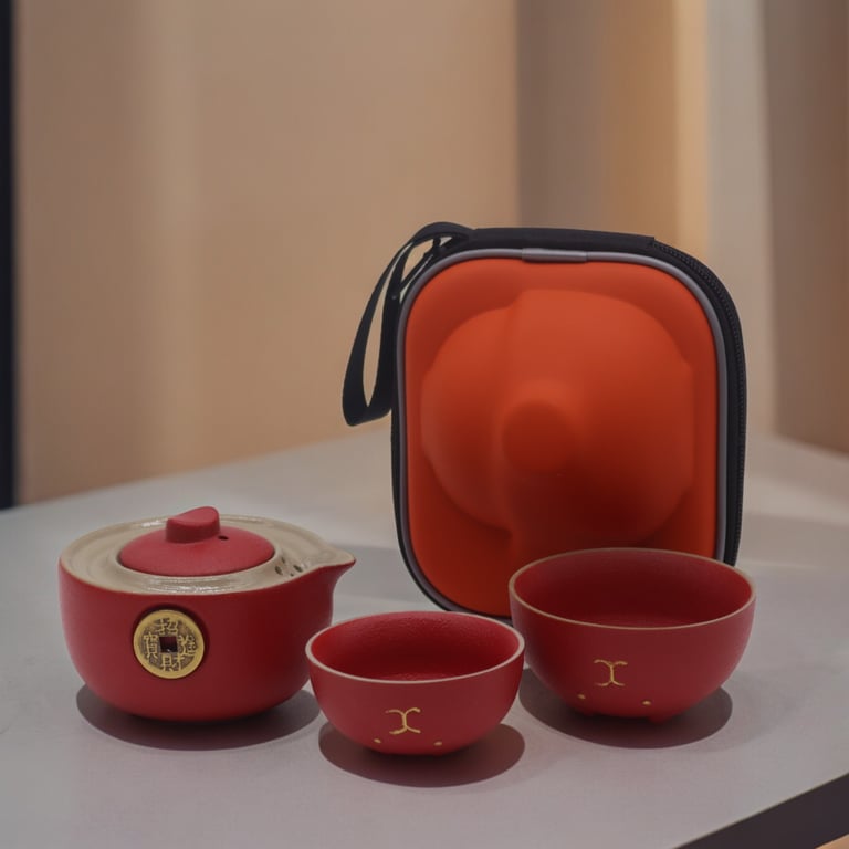 Travel Red Teapot Set (2 Cups) - Money Cat Design