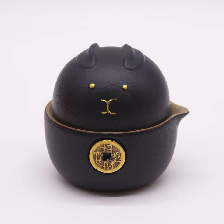 Travel Black Teapot Set (2 Cups) - Money Cat Design