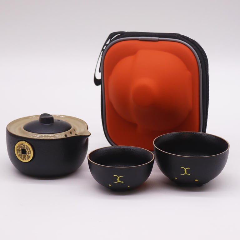 Travel Black Teapot Set (2 Cups) - Money Cat Design