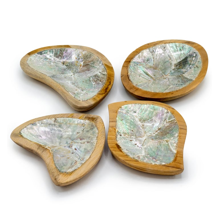 4 Teak Mini Bowls (Assorted) - Decorative Shell Design - Premium Set