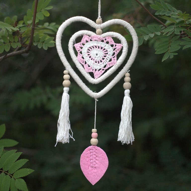 Medium Pink Heart in Heart Dream Catcher Handmade Home Decor