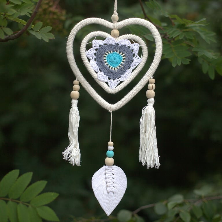 Medium Blue Heart in Heart Dream Catcher - Handcrafted Spiritual Protection