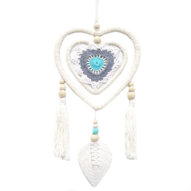 Medium Blue Heart in Heart Dream Catcher - Handcrafted Spiritual Protection