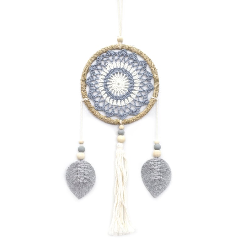 Handmade Medium Grey Dream Catcher with Elemental Spirits - Boho Spiritual Home Decor
