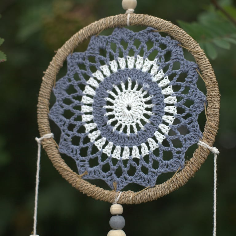 Handmade Medium Grey Dream Catcher with Elemental Spirits - Boho Spiritual Home Decor