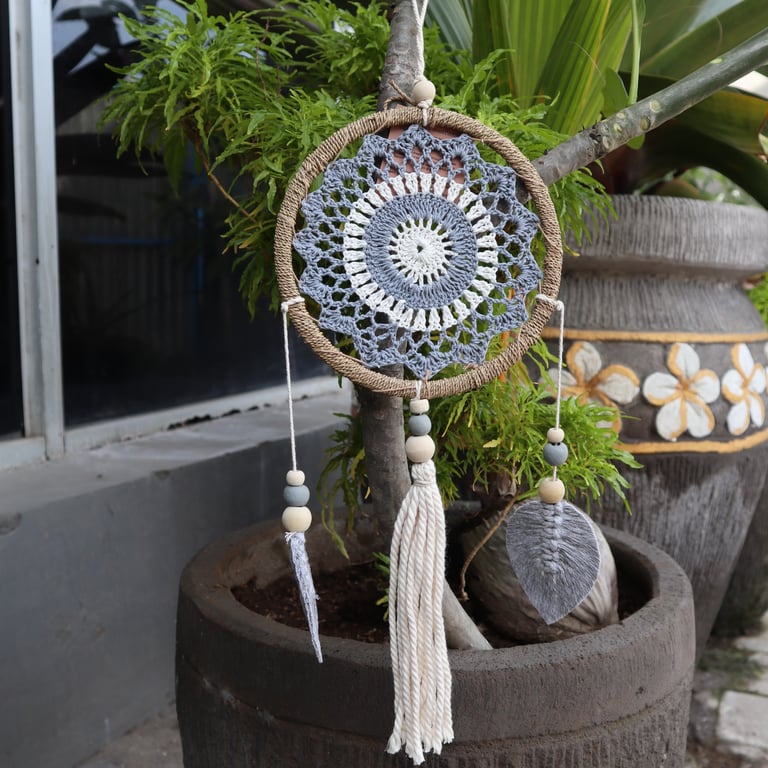 Handmade Medium Grey Dream Catcher with Elemental Spirits - Boho Spiritual Home Decor