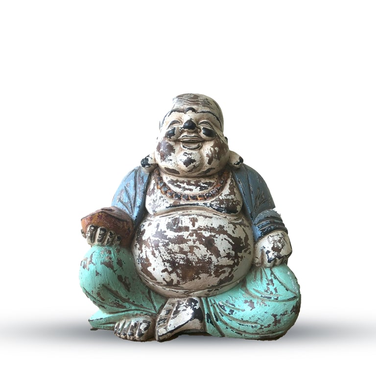 30cm Vintage Blue Mint Hand-Carved Buddha Statue - Happy Buddha (Vintage, Hand-Carved)