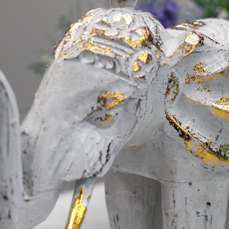 White Gold Carved Elephant Sculpture - Handcrafted Woodwork