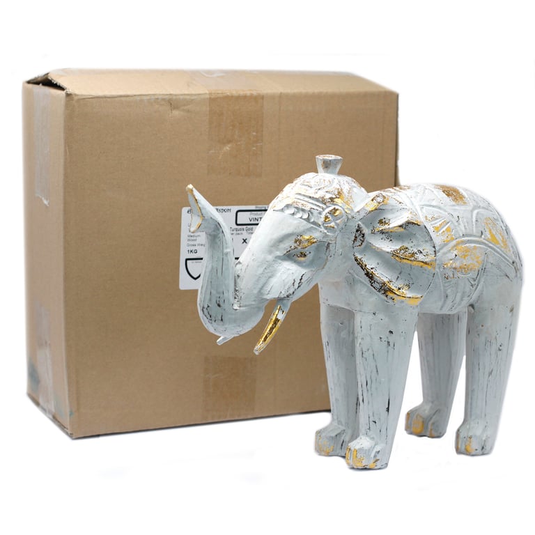 White Gold Carved Elephant Sculpture - Handcrafted Woodwork