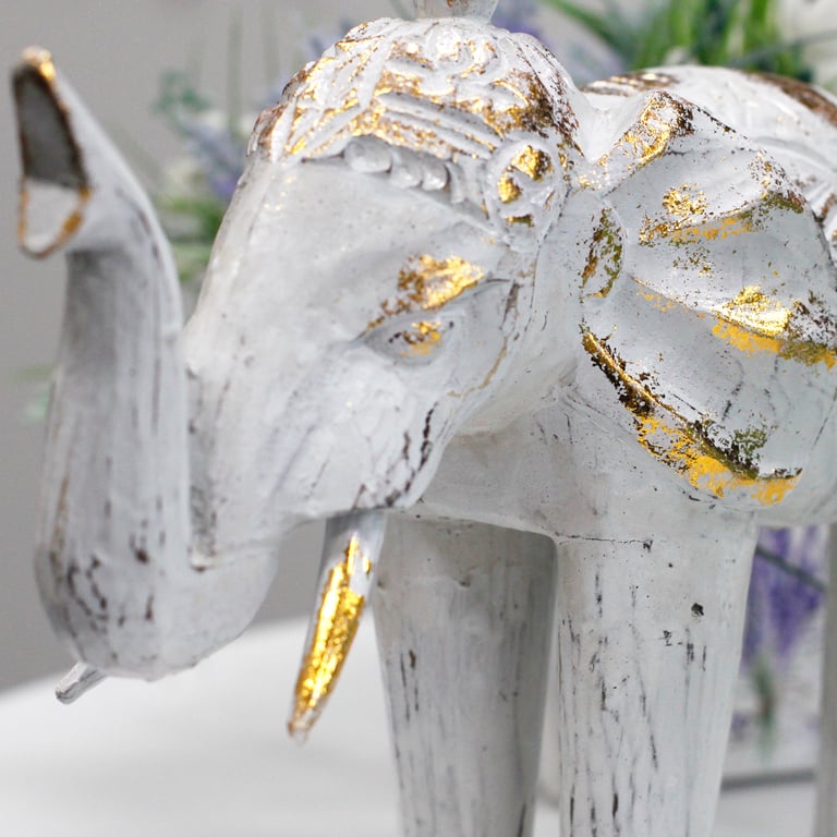 White Gold Carved Elephant Sculpture - Handcrafted Woodwork