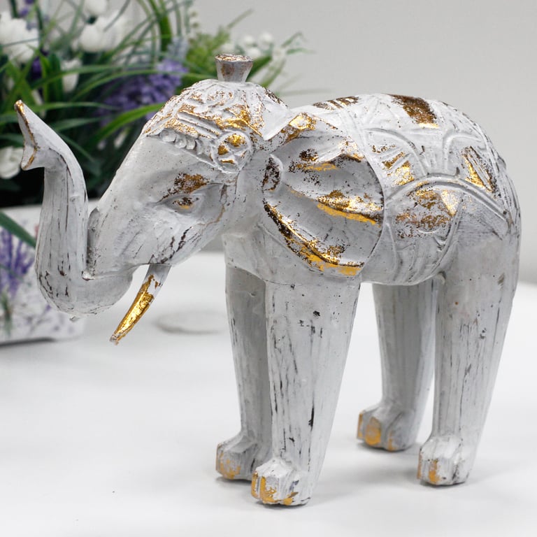 White Gold Carved Elephant Sculpture - Handcrafted Woodwork