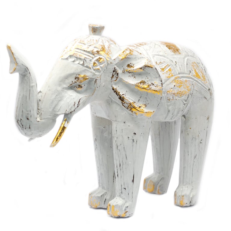 White Gold Carved Elephant Sculpture - Handcrafted Woodwork