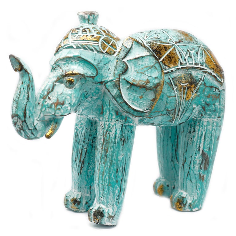 Handcrafted Turquoise Gold Wood Carved Elephant Figurine