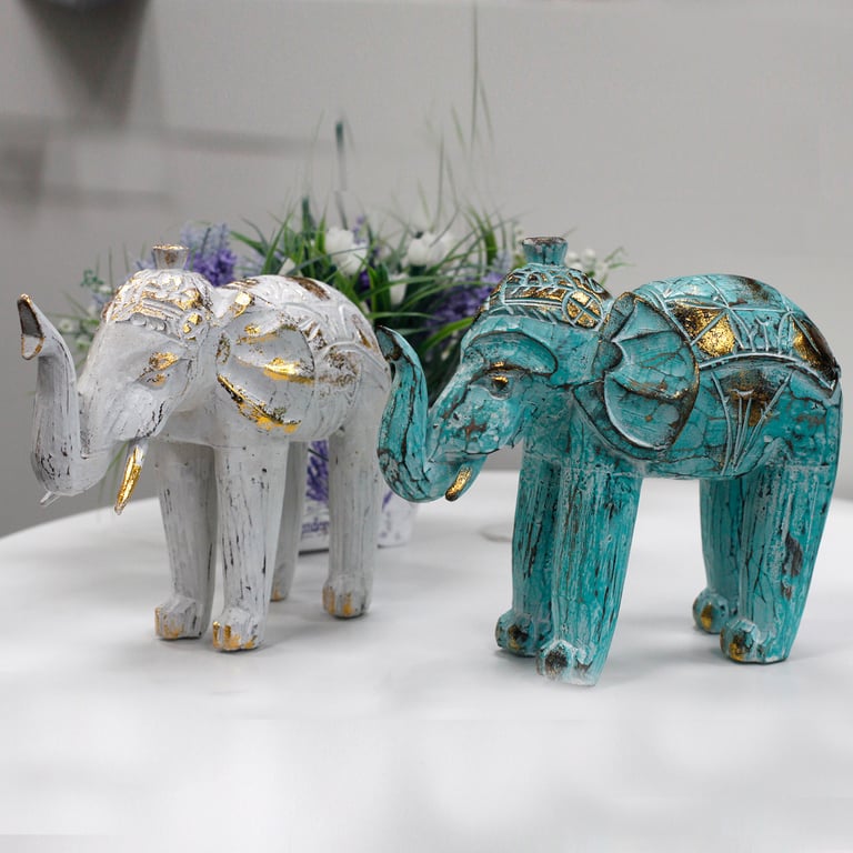 Handcrafted Turquoise Gold Wood Carved Elephant Figurine