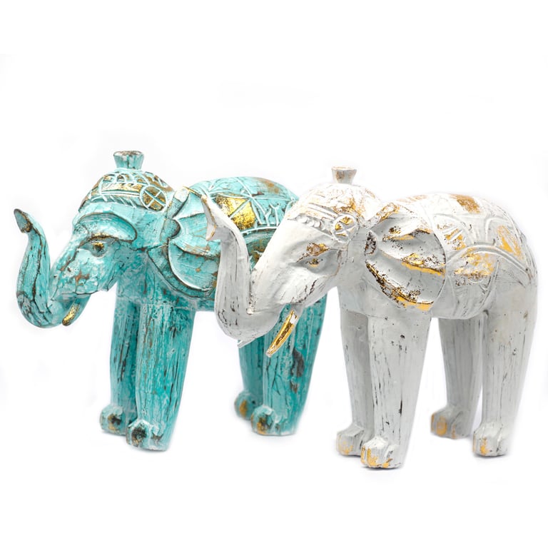 Handcrafted Turquoise Gold Wood Carved Elephant Figurine