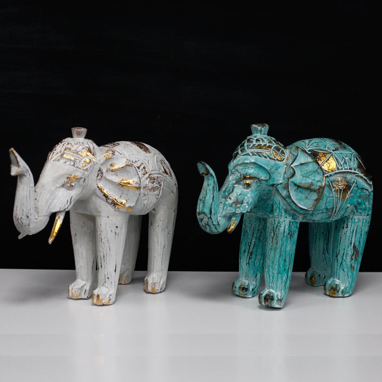 Handcrafted Turquoise Gold Wood Carved Elephant Figurine