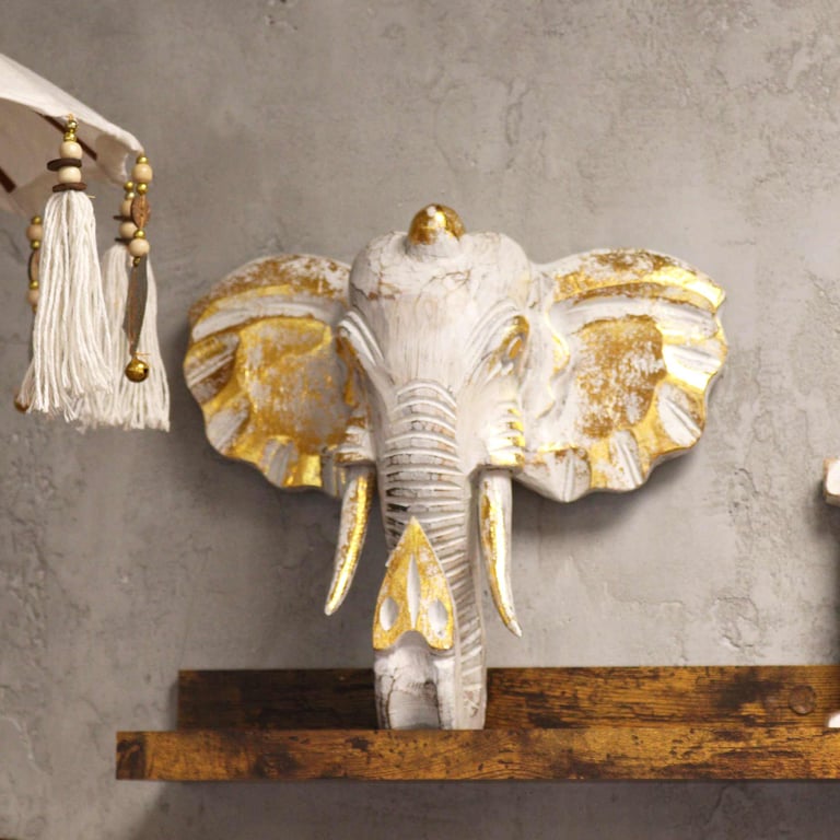 Gold & Whitewash Large Elephant Head Sculpture - Decorative Artwork
