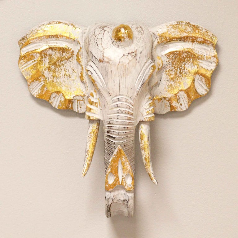 Gold & Whitewash Large Elephant Head Sculpture - Decorative Artwork