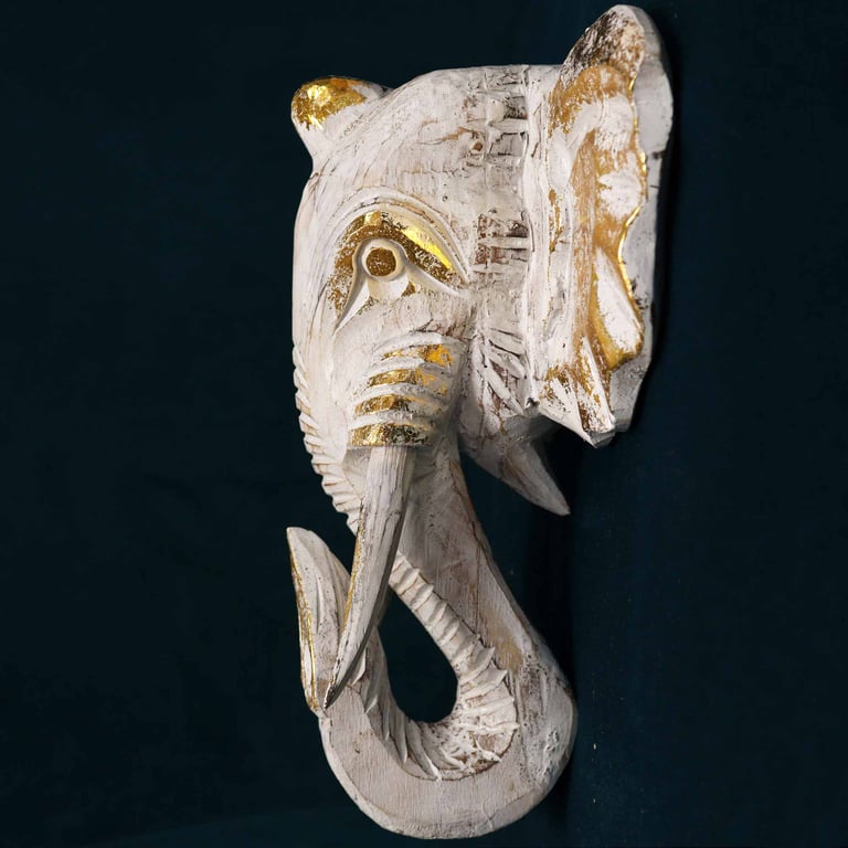 Gold & Whitewash Large Elephant Head Sculpture - Decorative Artwork