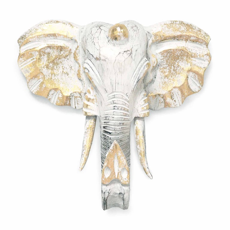 Gold & Whitewash Large Elephant Head Sculpture - Decorative Artwork