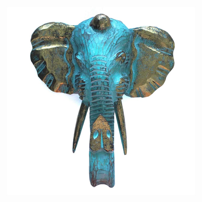 Gold & Turquoise Large Elephant Head Sculpture - Handcrafted Detail