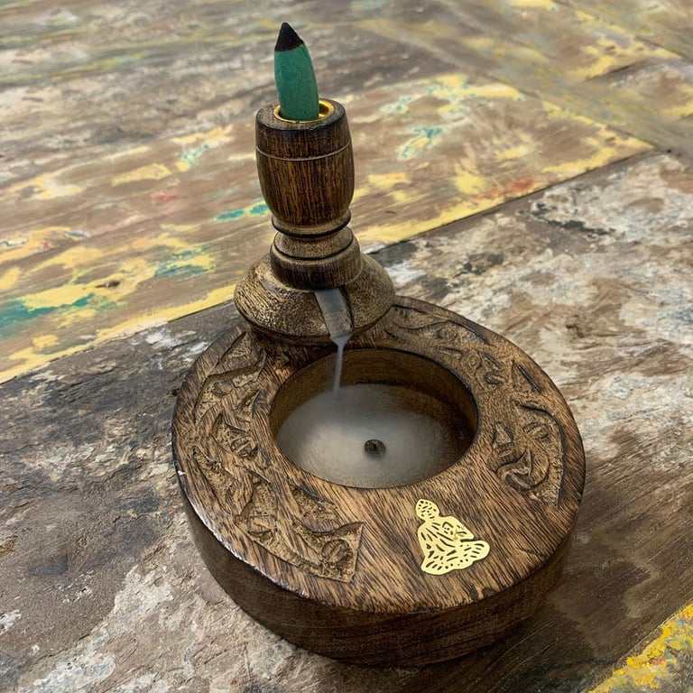 Mango Wood Backflow Burner (Brass) - Smooth Buddha Design