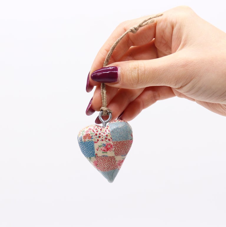 Small Decor Wood Heart - Cheque Blue & Red, Handcrafted Wooden Home Decoration
