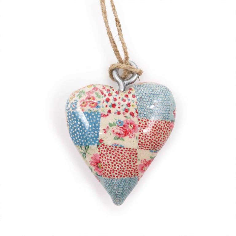Small Decor Wood Heart - Cheque Blue & Red, Handcrafted Wooden Home Decoration