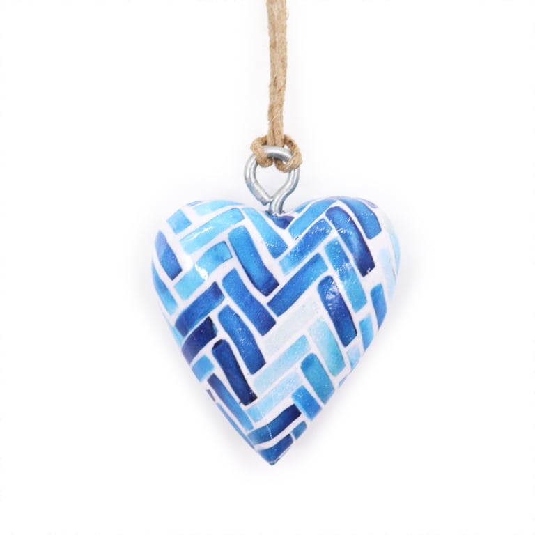 Rustic Small Wooden Heart Decor - Blue Striped Accent Wall Decoration for Home & Garden