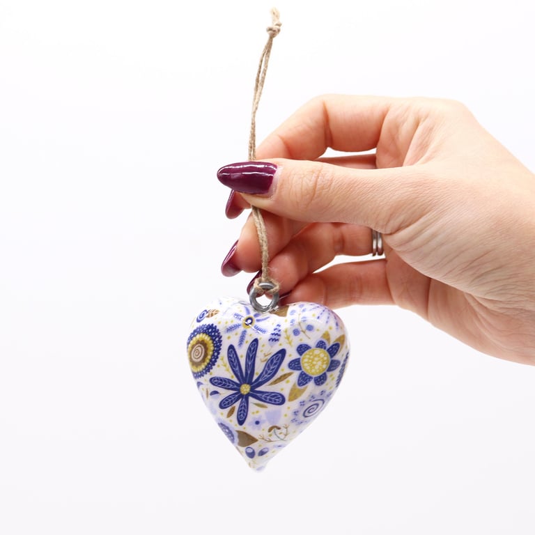 Large Decorative Wood Heart - Blue Floral Wall Art Decoration