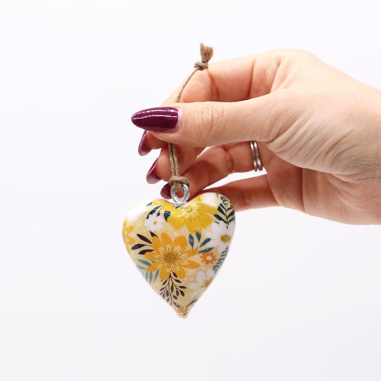 Yellow Floral Decor Wood Heart - Large Wall Art Decoration for Home & Garden