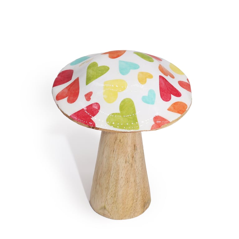 Small Wooden Mushroom Decorative Piece with Pastel Heart Design