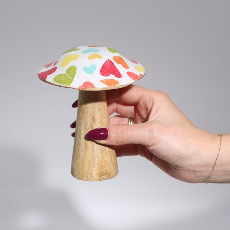 Small Wooden Mushroom Decorative Piece with Pastel Heart Design